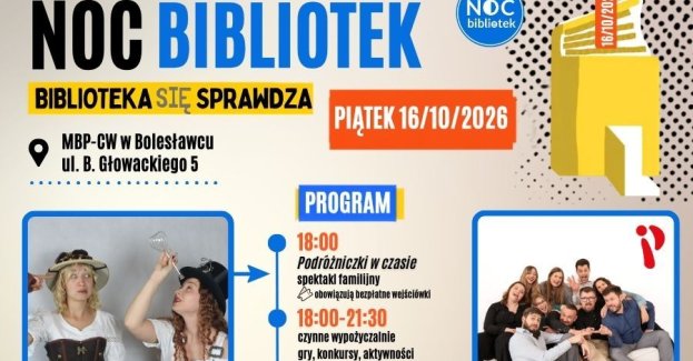 Biblioteka – Centrum Wiedzy w Bolesławcu zaprasza 16 października 2026 r. na Noc Bibliotek. W programie znajdą się spektakle, bezpłatny wstęp do strefy SOWA, seanse filmowe oraz różnorodne aktywności dla dzieci i dorosłych. Wydarzenie odbędzie się w godzinach 18.00–21.30.